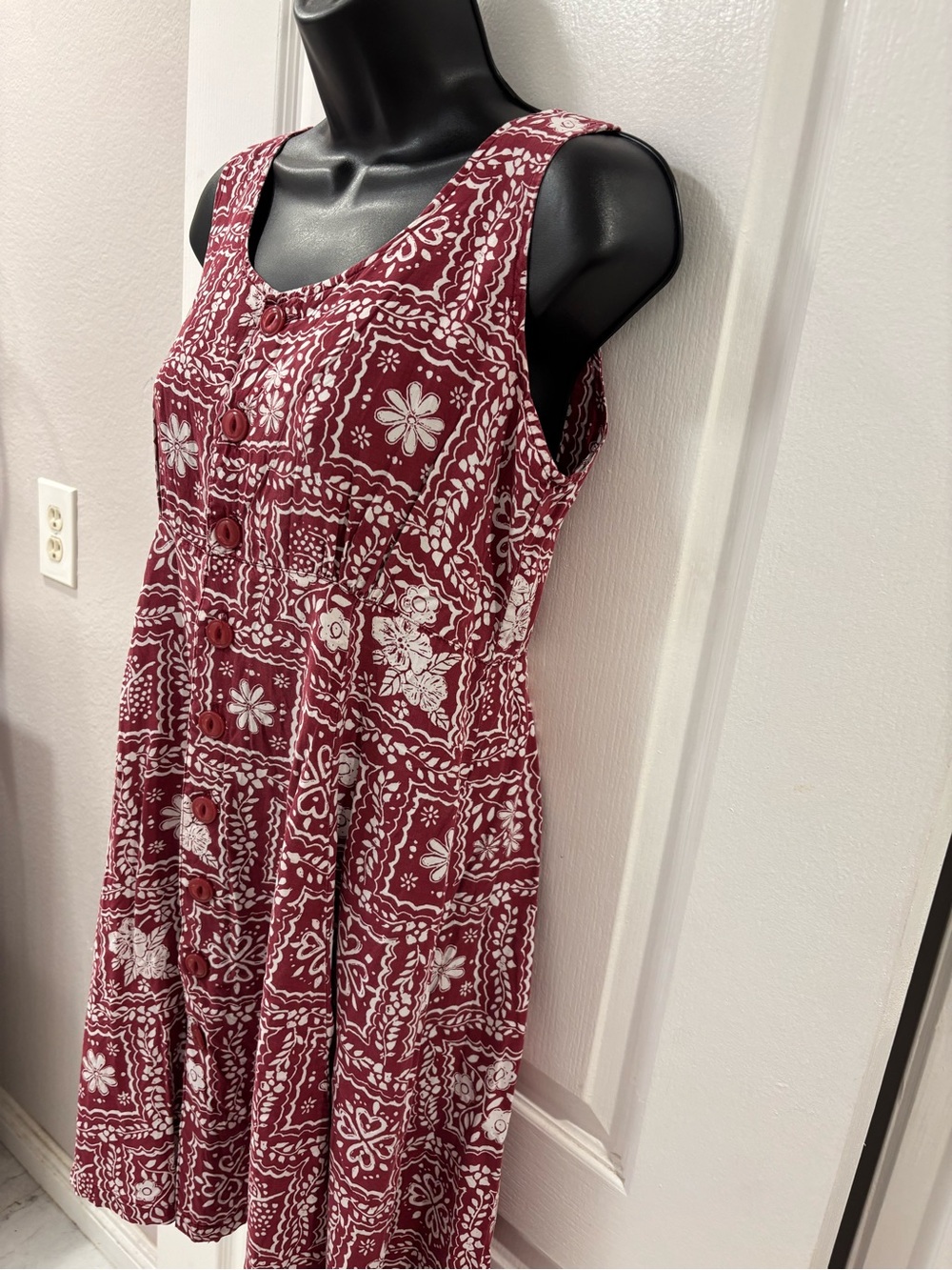 Vintage 80s/90s Esprit Sport Burgundy White Print Button Front Mini Dress size M